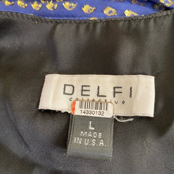 DELFI Cerise Gown Maxi Dress Waist Cutout in Blue Gold Silk Chiffon Size Large - Picture 11 of 13